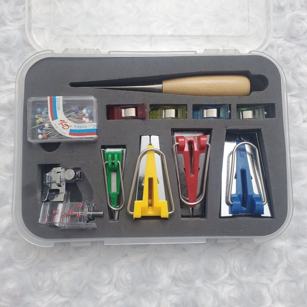 Bias Tape Maker Kit 6mm, 12mm Multicolor Metal Fiber New Includes Awl Pins Clips